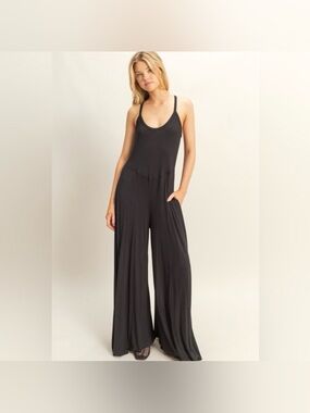 Black Flowy Wide Leg Jumpsuit with Open Back